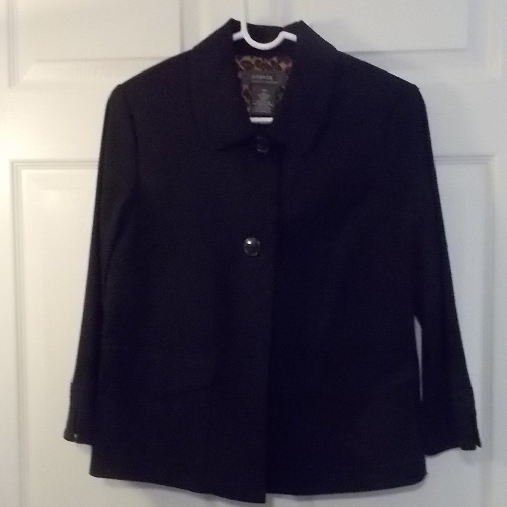 George ME Designs by Mark Eisen Black Button Front Jacket Leopard Lining Small
